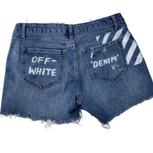 Off-White Denim‎ Shorts Distressed Ripped Raw Hem Painted Design Women's Small